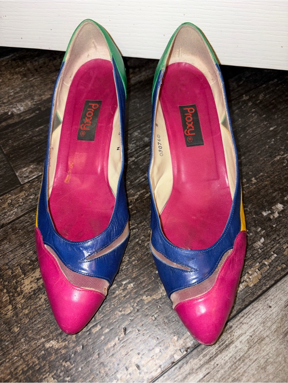 Proxy Vintage Multicolor Leather Kitten Heel Pumps - Pink, Blue, Yellow, Green - Picture 2 of 6